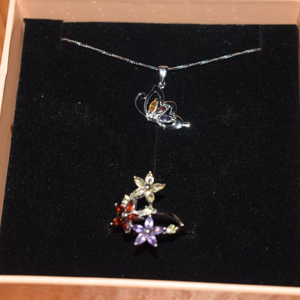 New Concerto Multi Gemstone Flower Ring & Butterfly Necklace